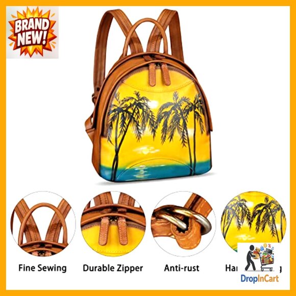 Genuine Leather Backpack Hand Painted Retro Vintage Daypack College Casual